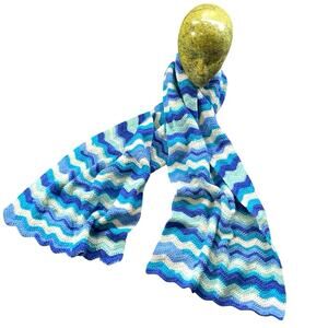 Vintage Blue Abstract Hand Knit Scarf - 72”x16”